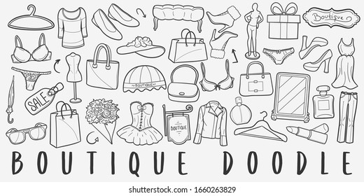 Boutique Shopping Doodle Line Art Illustration. Imágenes prediseñadas de vectores dibujadas a mano. Logotipos de juego de banners.