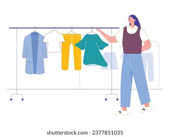 Boutique staff organising hanging coats, shirts, shorts, pants and dresses. City clothing market. Character design. Vector flat illustration