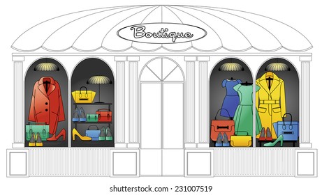 BOUTIQUE VECTOR ILLUSTRATION. WOMEN'S CLOTHING AND SHOES SHOP