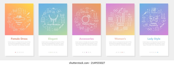 Boutique vertical banners set. Five accessories shop onboarding template. Clothes, cosmetics and jewels icons