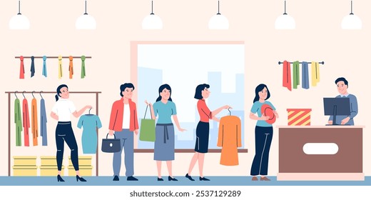 Linha de espera da Boutique. As pessoas compram roupas e acessórios, fazem fila para o fornecedor ou caixa. Moda loja venda temporada, tempo de desconto, cena vetor recente