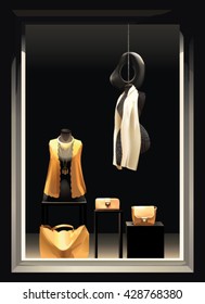 Boutique window with black mannequins in yellow clothes and with a yellow bag