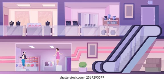 Boutiques interior. Mall backgrounds with boutiques and grocery markets exact vector cartoon template picture