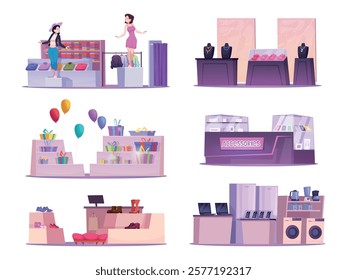 Boutiques. Shopping mall different room interiors fashion boutiques exact vector cartoon illustrations