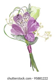 Boutonniere with Alstroemeria and Eustoma. Vector illustration.