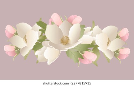 Boutonniere Bouquet Spring White Anemones Rose Flowers and Leaves Decorative Decoration Elegant Wedding Holiday Decoration