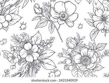 Boutonniere of wild rose flowers and berries Seamless pattern, background. Outline hand drawing vector illustration. In botanical style