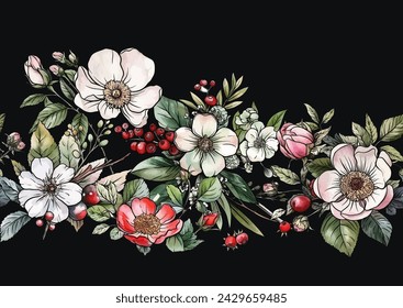 Boutonniere of wild rose flowers and berries Seamless pattern, background. Outline hand drawing vector illustration. In botanical style