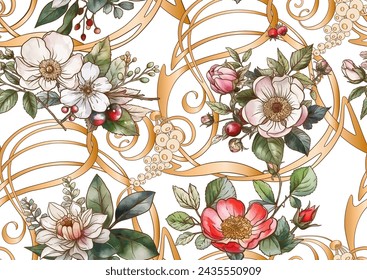 Boutonniere of wild rose flowers and berries Seamless pattern, background. Outline hand drawing vector illustration. In botanical style