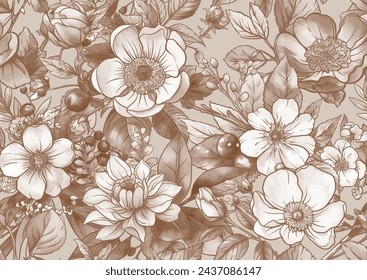 Boutonniere of wild rose flowers and berries Seamless pattern, background. Outline hand drawing vector illustration. In botanical style