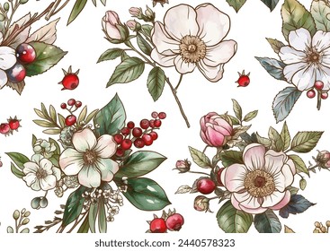 Boutonniere of wild rose flowers and berries Seamless pattern, background. Outline hand drawing vector illustration. In botanical style