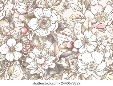 Boutonniere of wild rose flowers and berries Seamless pattern, background. Outline hand drawing vector illustration. In botanical style