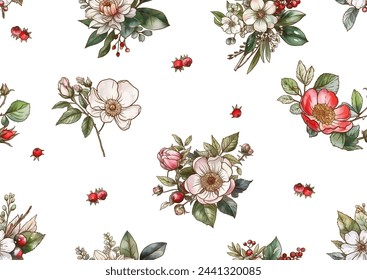 Boutonniere of wild rose flowers and berries Seamless pattern, background. Outline hand drawing vector illustration. In botanical style