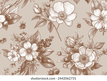 Boutonniere of wild rose flowers and berries Seamless pattern, background. Outline hand drawing vector illustration. In botanical style