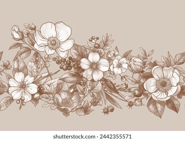 Boutonniere of wild rose flowers and berries Seamless pattern, background. Outline hand drawing vector illustration. In botanical style