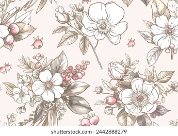 Boutonniere of wild rose flowers and berries Seamless pattern, background. Outline hand drawing vector illustration. In botanical style