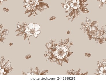 Boutonniere of wild rose flowers and berries Seamless pattern, background. Outline hand drawing vector illustration. In botanical style