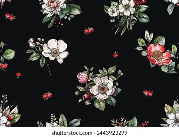 Boutonniere of wild rose flowers and berries Seamless pattern, background. Outline hand drawing vector illustration. In botanical style