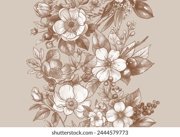 Boutonniere of wild rose flowers and berries Seamless pattern, background. Outline hand drawing vector illustration. In botanical style