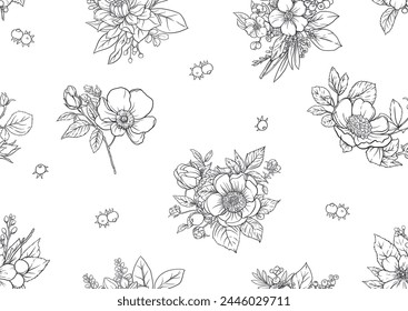 Boutonniere of wild rose flowers and berries Seamless pattern, background. Outline hand drawing vector illustration. In botanical style