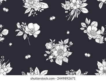 Boutonniere of wild rose flowers and berries Seamless pattern, background. Black and white graphics. Vector illustration. In botanical style