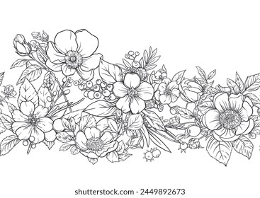 Boutonniere of wild rose flowers and berries Seamless pattern, background. Outline hand drawing vector illustration. In botanical style