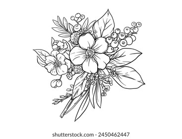 Boutonniere of wild rose flowers and berries Clip art, set of elements for design Outline hand drawing vector illustration. In botanical style