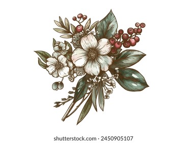 Boutonniere of wild rose flowers and berries Clip art, set of elements for design Graphic drawing, engraving style. Vector illustration. In botanical style