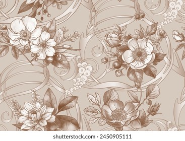 Boutonniere of wild rose flowers and berries Seamless pattern, background. Outline hand drawing vector illustration. In botanical style