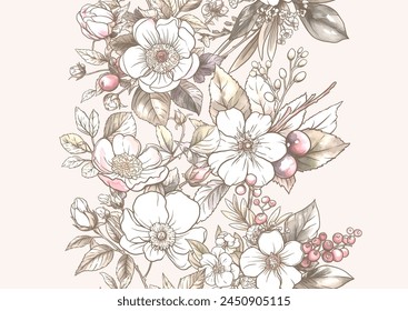 Boutonniere of wild rose flowers and berries Seamless pattern, background. Outline hand drawing vector illustration. In botanical style