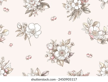 Boutonniere of wild rose flowers and berries Seamless pattern, background. Outline hand drawing vector illustration. In botanical style