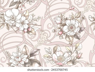 Boutonniere of wild rose flowers and berries Seamless pattern, background. Outline hand drawing vector illustration. In botanical style