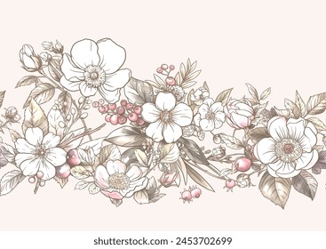 Boutonniere of wild rose flowers and berries Seamless pattern, background. Outline hand drawing vector illustration. In botanical style