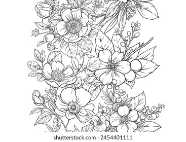 Boutonniere of wild rose flowers and berries Seamless pattern, background. Outline hand drawing vector illustration. In botanical style