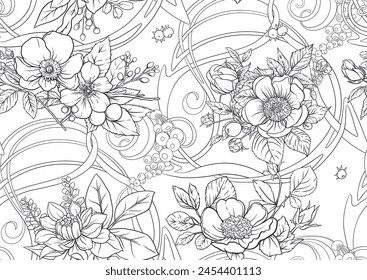 Boutonniere of wild rose flowers and berries Seamless pattern, background. Outline hand drawing vector illustration. In botanical style