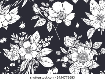 Boutonniere of wild rose flowers and berries Seamless pattern, background. Black and white graphics. Vector illustration. In botanical style