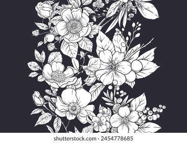 Boutonniere of wild rose flowers and berries Seamless pattern, background. Black and white graphics. Vector illustration. In botanical style