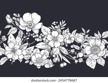 Boutonniere of wild rose flowers and berries Seamless pattern, background. Black and white graphics. Vector illustration. In botanical style