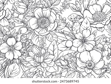 Boutonniere of wild rose flowers and berries Seamless pattern, background. Outline hand drawing vector illustration. In botanical style