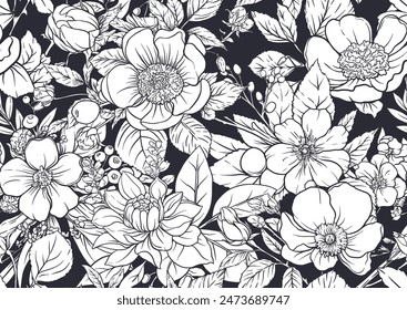 Boutonniere of wild rose flowers and berries Seamless pattern, background. Black and white graphics. Vector illustration. In botanical style