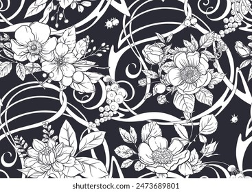 Boutonniere of wild rose flowers and berries Seamless pattern, background. Black and white graphics. Vector illustration. In botanical style