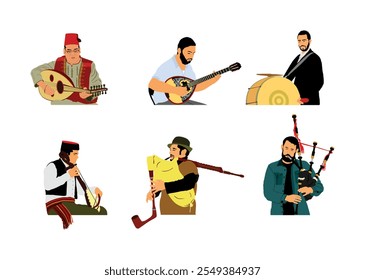 Jogador de Bouzouki e oud alute mandola e baterista. Guslar joga gusle. Bagpipe bagpipers man ilustração vetorial isolado. Instrumento musical tradicional. Músicos cantores balcânicos. Artista de folclore.