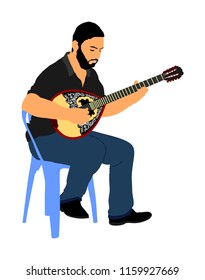 Bouzouki player vector illustration isolated. Street performer. Greek traditional string instrument. Folklore music. Greece folk event. Baglama, zurna. Turkish oriental performer. Musician man artist.