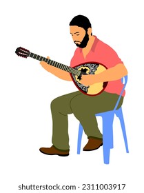 Ilustración vectorial del jugador Bouzouki aislado. Artista callejero. Instrumento de cuerda tradicional griego. Música folclórica. Evento popular en Grecia. Baglama, zurna. Artista oriental turco. Artista musical.