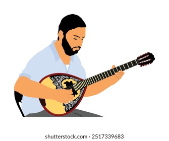 Ilustração do vetor do jogador Bouzouki isolado. Artista de rua. Instrumento de corda tradicional grego. Música folclórica. Evento popular da Grécia. Baglama, zurna. Artista oriental turco. Artista musical.