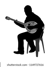 Bouzouki player vector silhouette illustration. Street performer. Greek traditional string instrument. Folklore performer on the street. Greece folk event. Baglama, zurna, Turkish oriental performer.