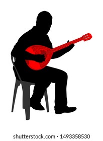 Bouzouki player vector silhouette illustration. Street performer. Greek traditional string instrument. Folklore performer on the street. Greece folk event. Baglama, zurna, Turkish oriental performer.