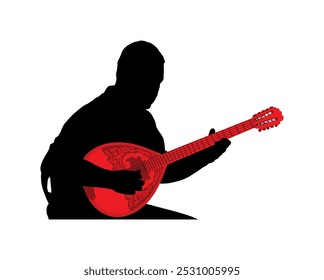 Ilustração de silhueta de vetor do jogador Bouzouki isolada. Intérprete instrumento de corda tradicional grego. Festa de música folclórica da Grécia. Baglama, zurna. O músico oriental turco forma homem artista.