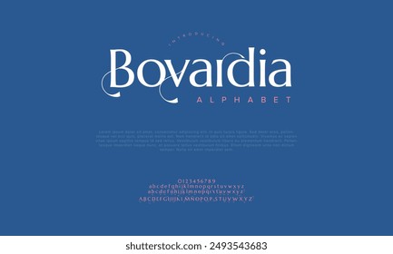 Bovardia ostenta letras y números de alfabeto elegantes y de lujo. tipografía de boda Antiguas classic serif font decorativo vintage retro. Ilustración vectorial creativa