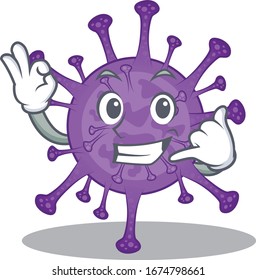 Bovine coronavirus mascot cartoon design showing Call me gesture